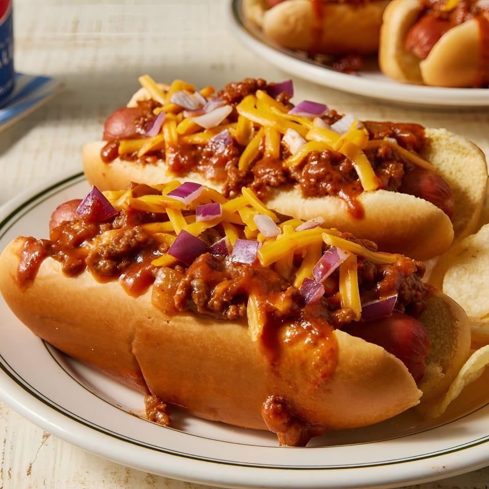 Two chili cheese hot dogs with diced red onions and potato chips on a white plate.