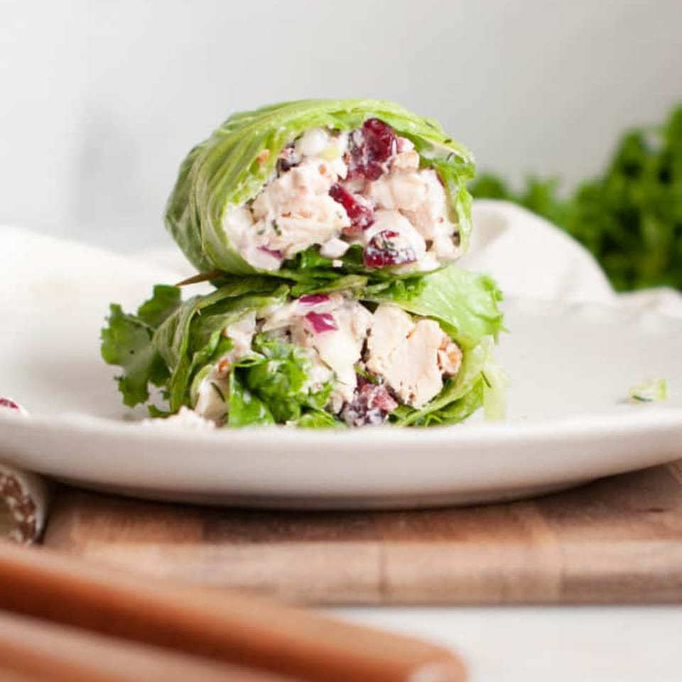 Two lettuce wraps filled with chicken salad, cranberries, and red onion on a white plate.