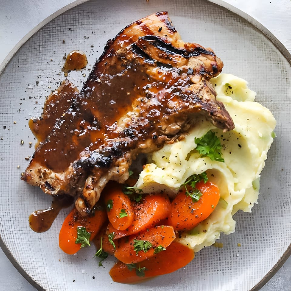 Grilled ribs with gravy, mashed potatoes, and glazed carrots on a textured gray plate.