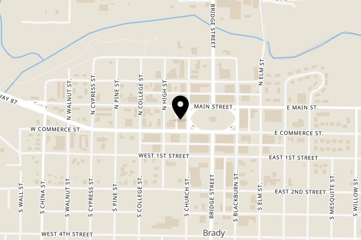 Map showing the location of Brady Brewing Co. on 109 N Church St in Brady